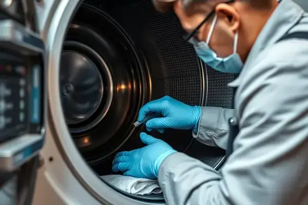Technician performing dryer maintenance