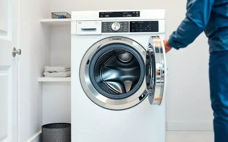 Modern washing machine in clean laundry room